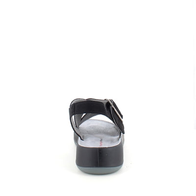 Elegant sort sandal i skind med svangstøtte