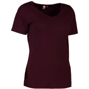 Dame t-shirt i mørk bordeaux med v-hals