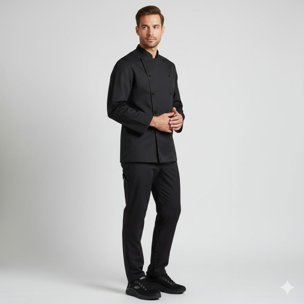 Nybo Delight unisex kokkejakke i sort – klassisk pasform, slidstærkt materiale & justerbare manchetærmer